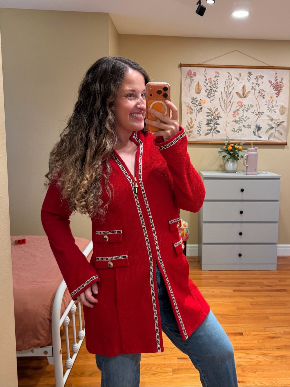 St. John Vintage Red Knit Long Blazer with Contrast Trim 12 - Picture 5 of 16